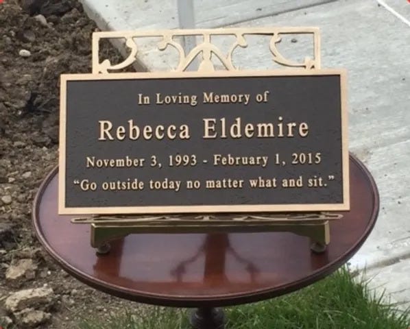 A tree plaque at a memorial to the life of Rebecca Eldemire at the University of Miami. The quote featured on this plaque will be the same as Eldemire's memorial in New Albany.