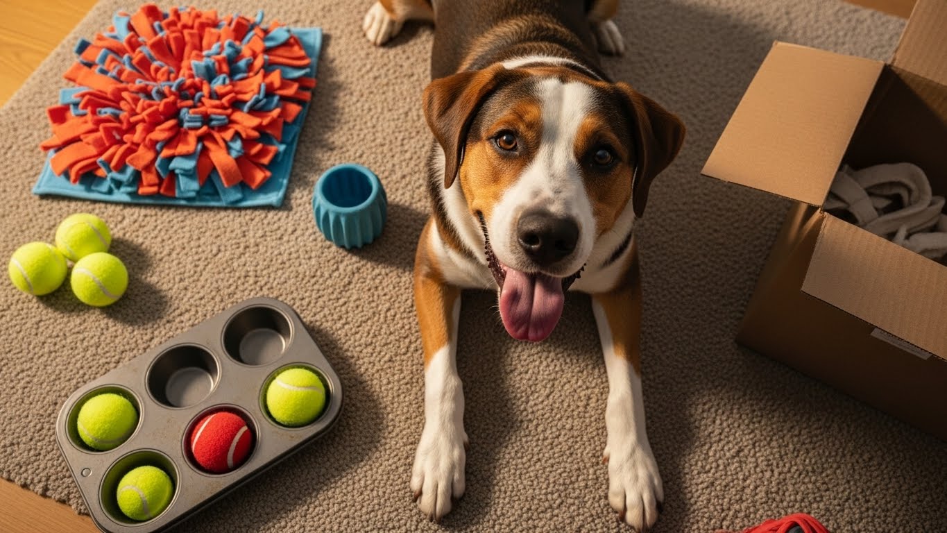 A satisfied dog surrounded by puzzles, showcasing the variety of DIY dog enrichment ideas.