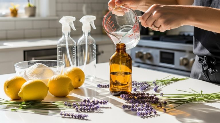 Creating DIY natural cleaning products in a bright, eco-friendly kitchen.