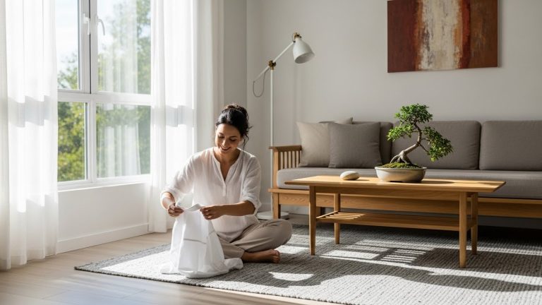 A peaceful, minimalist home illustrating the result of following the KonMari method checklist.