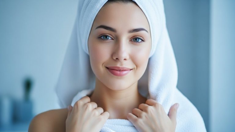 A hyper-realistic, serene cinematic portrait of a beautiful young woman wrapped in a fluffy white towel after a refreshing shower. She has a gentle, peaceful smile and soft, kind eyes. Her skin is glowing and fresh, looking revitalized but calm. The lighting is soft and natural with cool blue tones to symbolize the cold water benefits, creating a relaxing spa-like atmosphere. 4K resolution, delicate beauty, wellness photography style.
