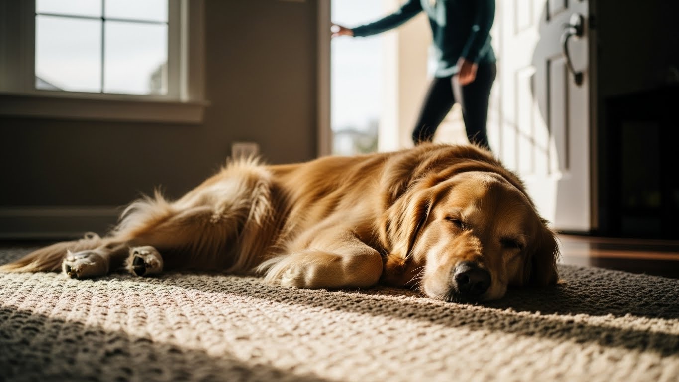 A calm dog sleeping alone, representing the goal to cure dog separation anxiety.