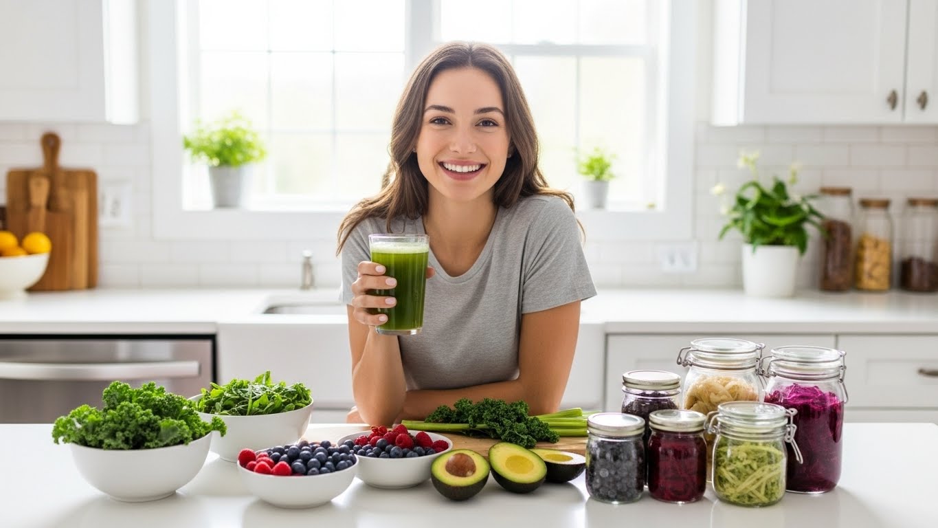 A vibrant, healthy person enjoying gut-friendly foods, representing the benefits of gut health for beginners.