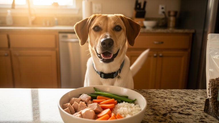 A happy dog waiting for a meal prepared using a homemade dog food guide.