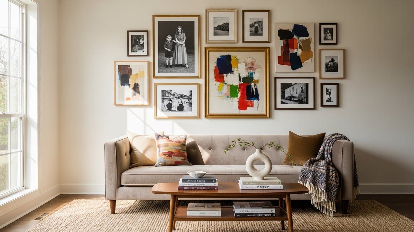 A stunning living room featuring a curated art display, the result of knowing how to create a gallery wall.
