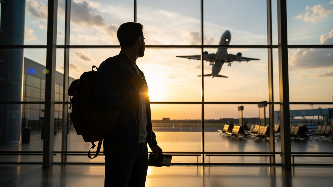 A traveler watching planes, representing the success of knowing how to find cheap flights to anywhere.