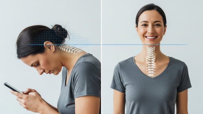 A before and after comparison showing the transformation of learning how to fix tech neck.