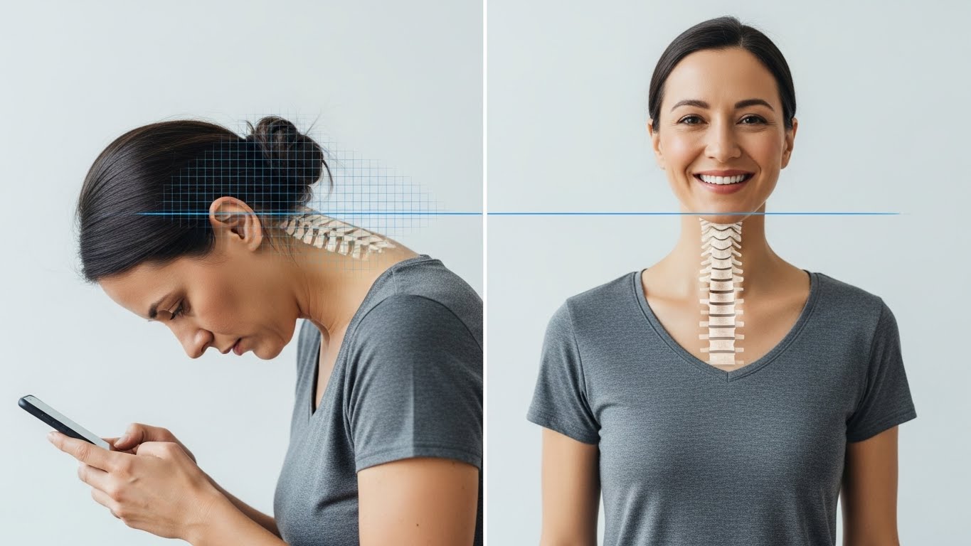 A before and after comparison showing the transformation of learning how to fix tech neck.