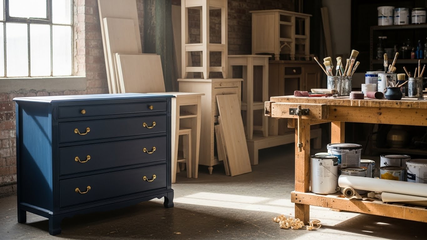 A restored dresser in a workshop, showcasing the potential of how to flip furniture for profit.