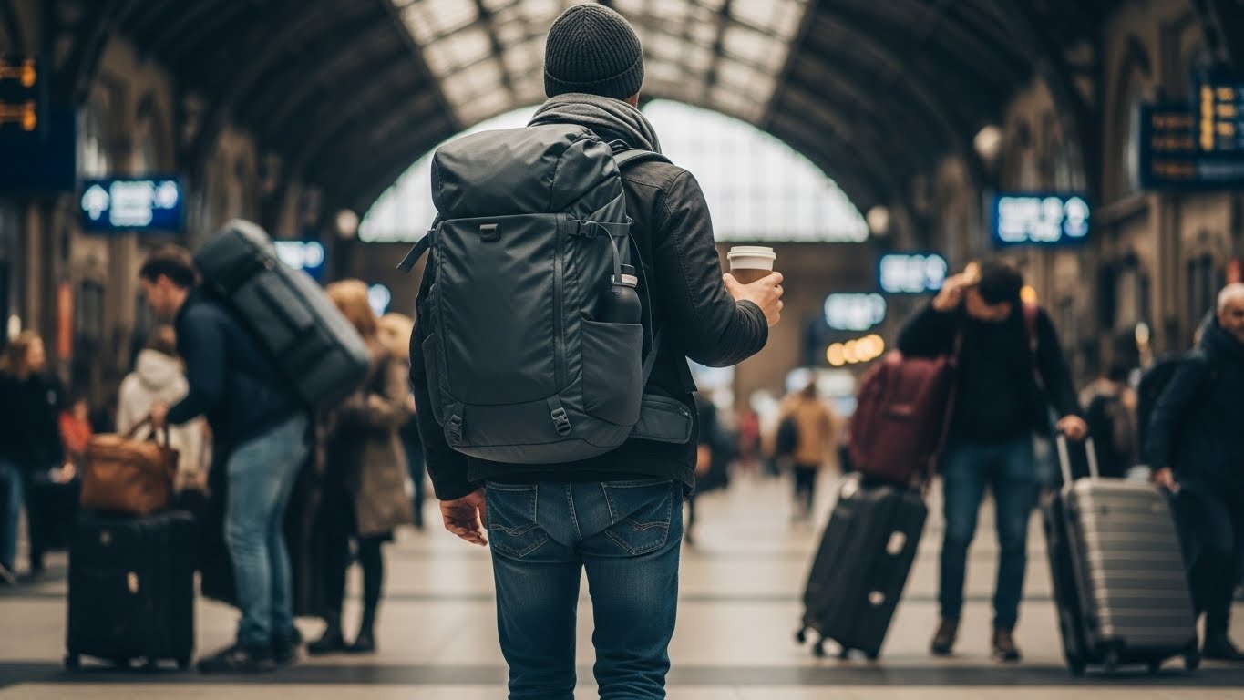 A traveler moving freely with one bag, illustrating the freedom of knowing how to pack light for travel.