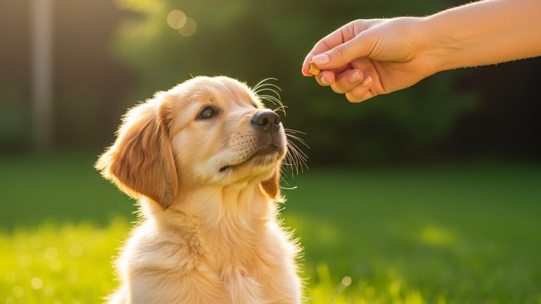 A happy puppy being rewarded outside, illustrating the success of how to potty train a puppy fast.