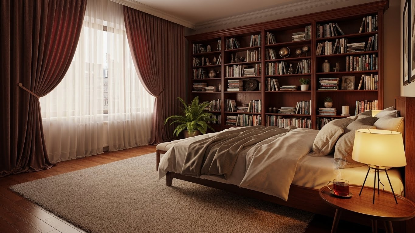 A cozy, quiet bedroom illustrating the results of learning how to soundproof a room cheaply.