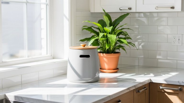 A modern, clean kitchen setup demonstrating how to start composting in an apartment efficiently.