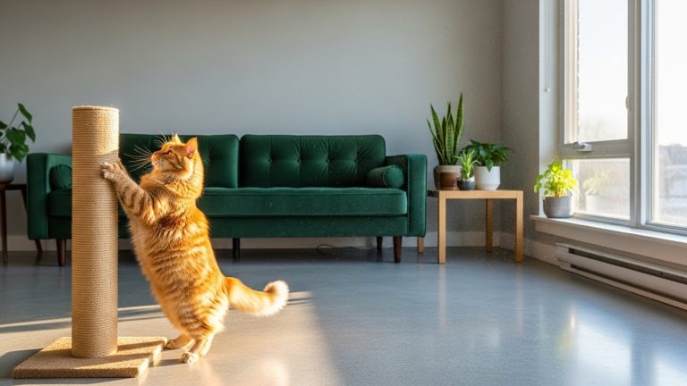 A cat using a scratching post instead of a sofa, illustrating the goal of how to stop cats from scratching furniture.