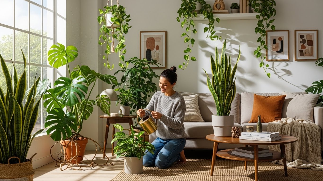 A thriving indoor jungle, illustrating the success of knowing how to stop killing your indoor plants.