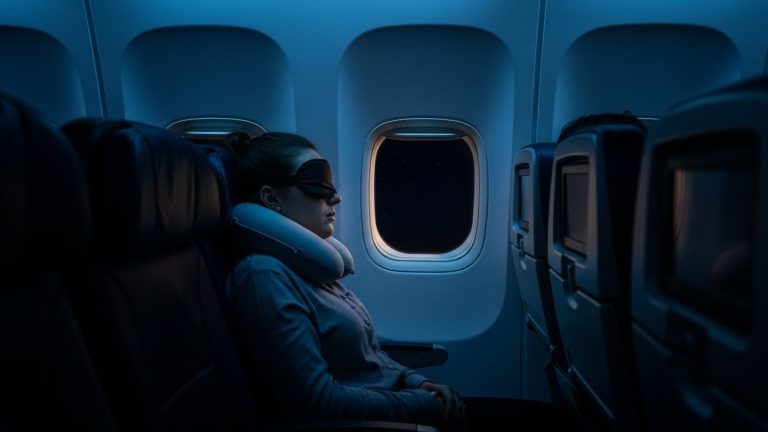 A traveler sleeping comfortably, demonstrating success in how to survive long-haul flights in economy.