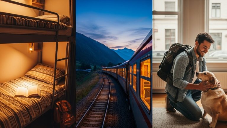 A montage of accommodation options, visualizing the diversity of how to travel on a budget.