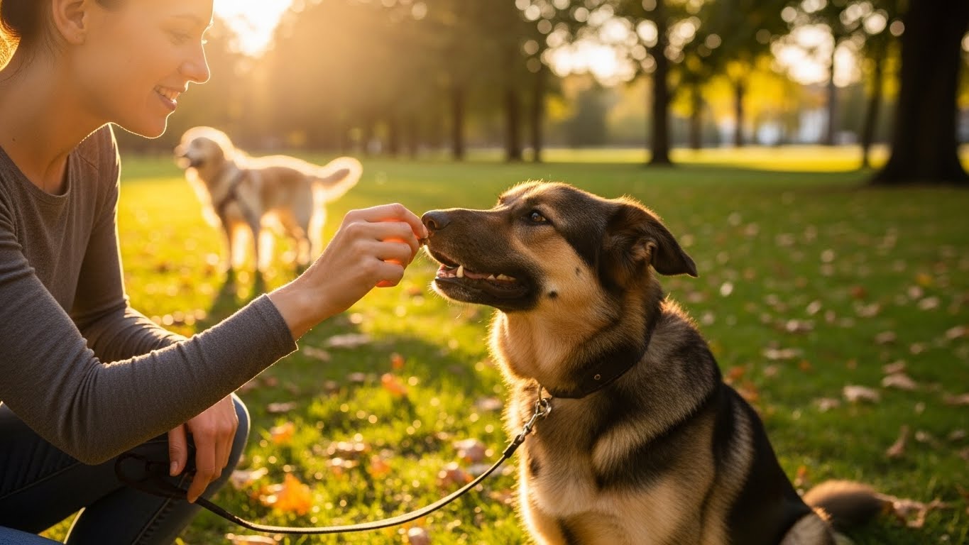 A focused dog ignoring distractions, representing the success of leash reactivity training.