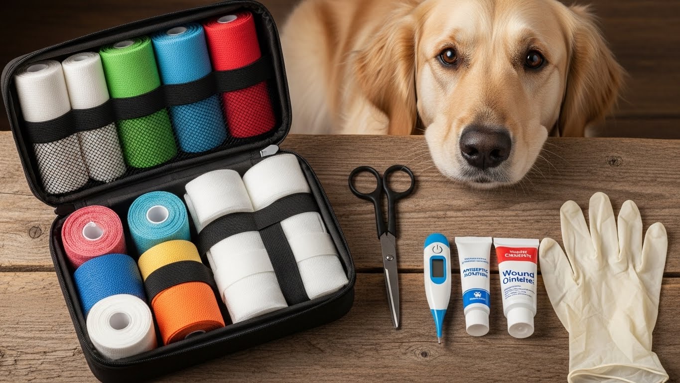A complete set of pet first aid kit essentials prepared for emergencies.