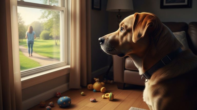 A calm dog watching their owner leave, symbolizing the goal of curing separation anxiety in dogs.