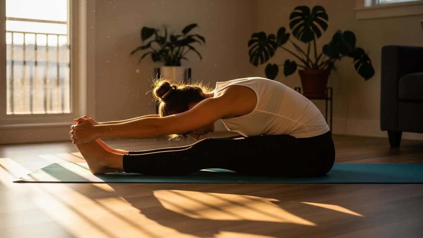 A person touching their toes, demonstrating the goal of stretching for flexibility.