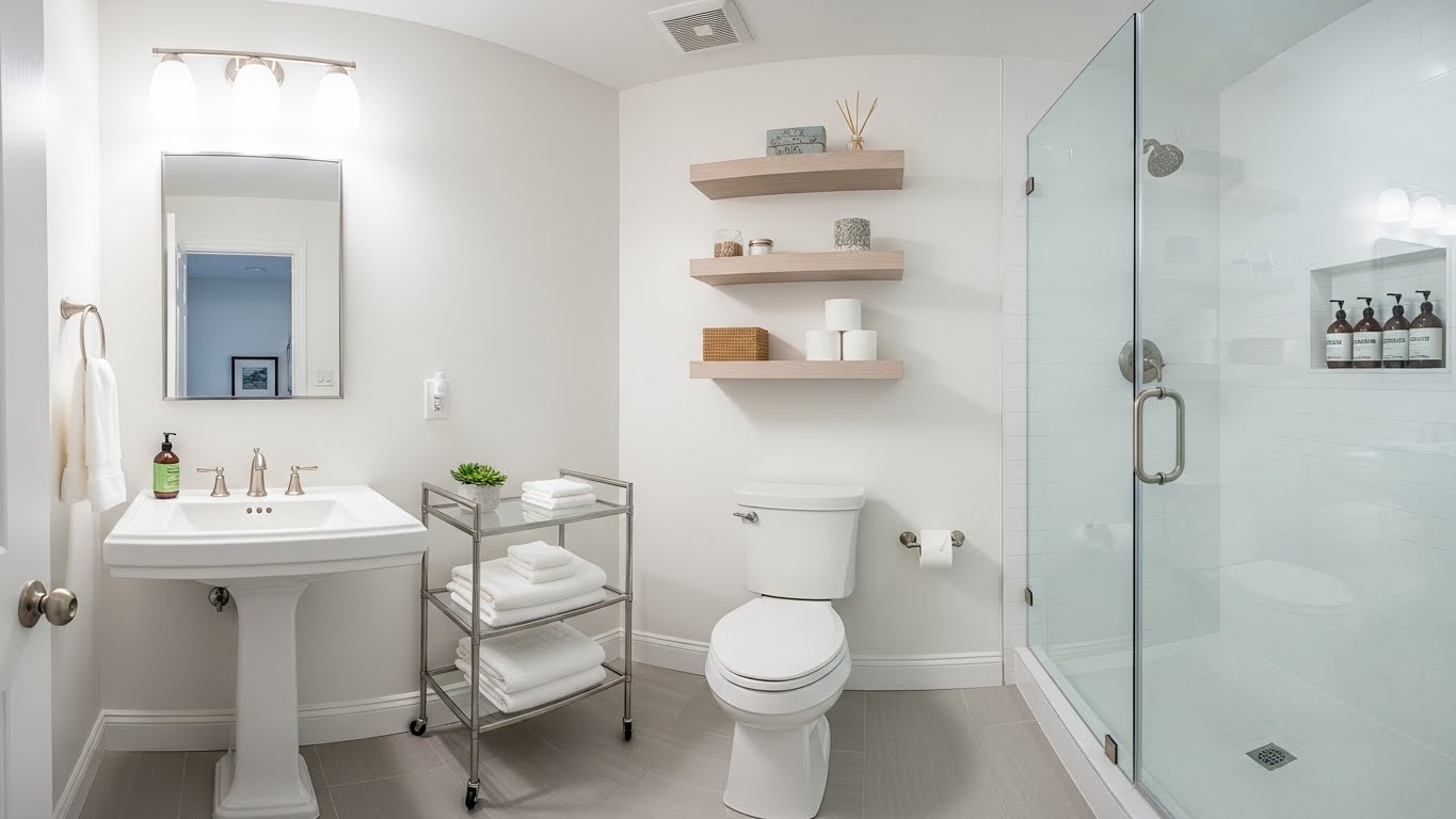 A fully optimized small space showcasing the best tiny bathroom organization hacks.