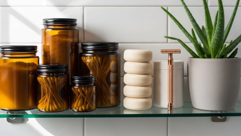 A beautifully organized shelf featuring key zero waste bathroom swaps.