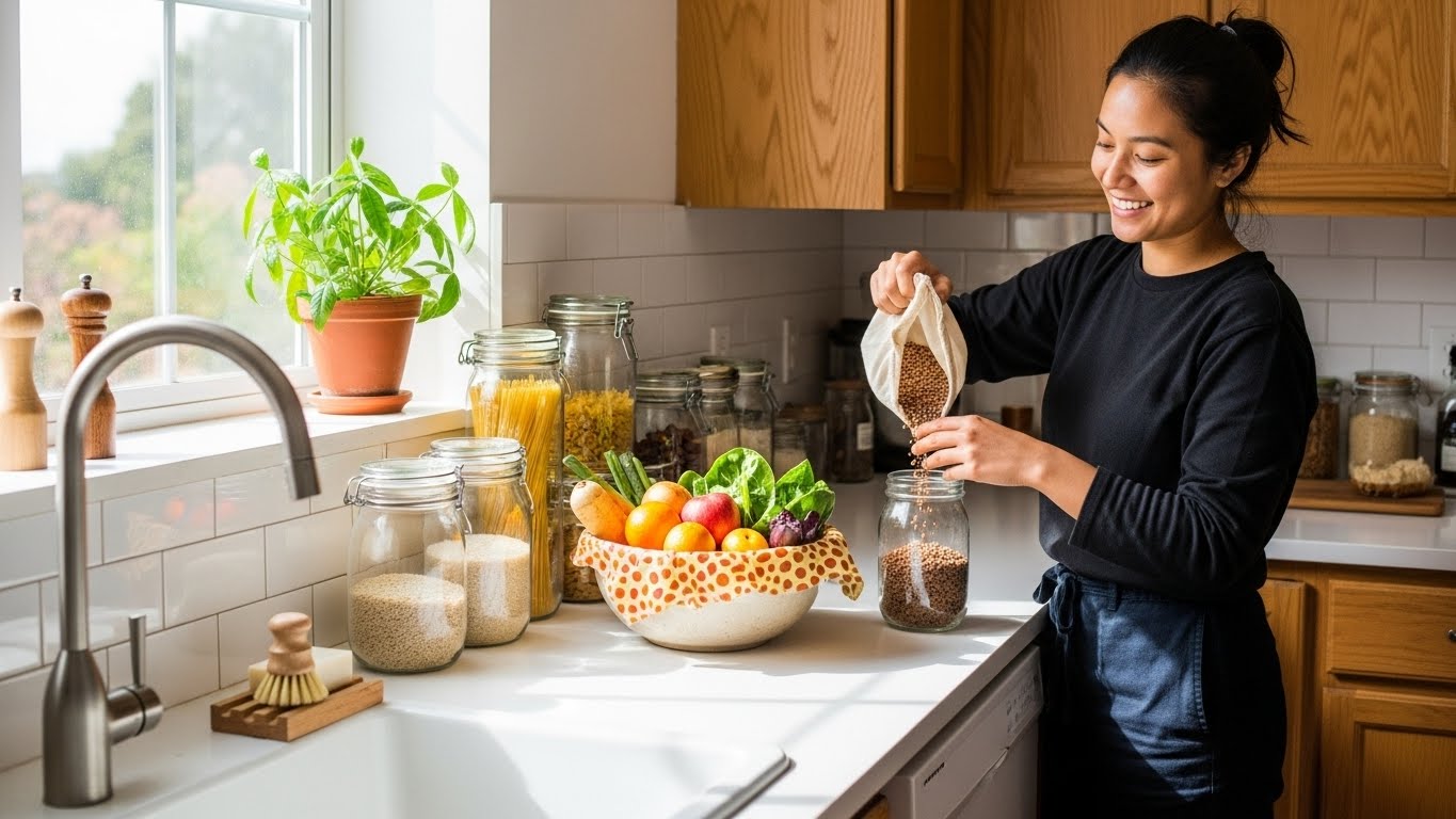 A beautiful, sustainable kitchen illustrating the ultimate zero waste kitchen guide.