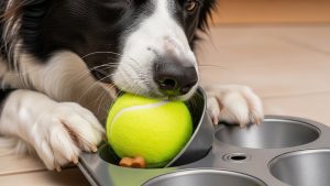 The muffin tin game is a classic entry-level option for DIY dog enrichment ideas.
