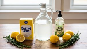 The essential ingredients for making DIY natural cleaning products at home.
