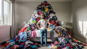 Creating a mountain of clothes is the first step in the KonMari method checklist.