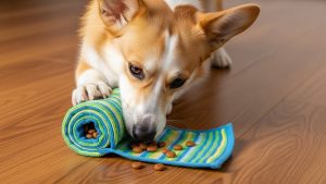 Using a towel roll is a simple and free method to implement DIY dog enrichment ideas.