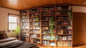 Using bookshelves to add mass to walls is a clever hack for how to soundproof a room cheaply.