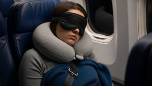 A proper sleep setup with eye masks and pillows helps you master how to survive long-haul flights in economy.