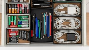 Organizing Komono with boxes is a vital part of the KonMari method checklist.