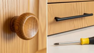 Swapping hardware is a simple yet effective step in a renter-friendly kitchen makeover.