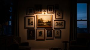 Adding picture lights is a pro tip for elevating the look when you create a gallery wall.