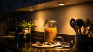 Under-cabinet lighting adds ambiance to any renter-friendly kitchen makeover.