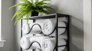Repurposing a wine rack for towels is a creative tiny bathroom organization hack.