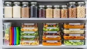 Organized glass storage is the aesthetic and functional goal of a zero waste kitchen guide.